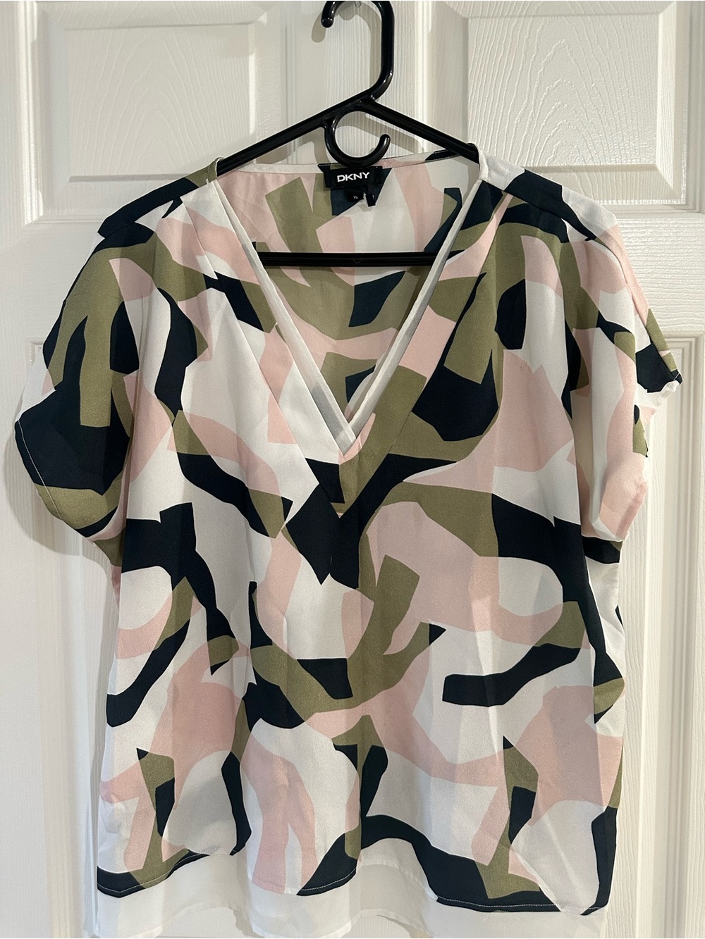 DKNY Pink, Olive & Black Abstract V-Neck Blouse